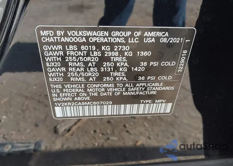 2021 Volkswagen Atlas 3.6L V6 Se W/Technology z USA, uszkodzony, nr VIN 1V2KR2CA9MC607029